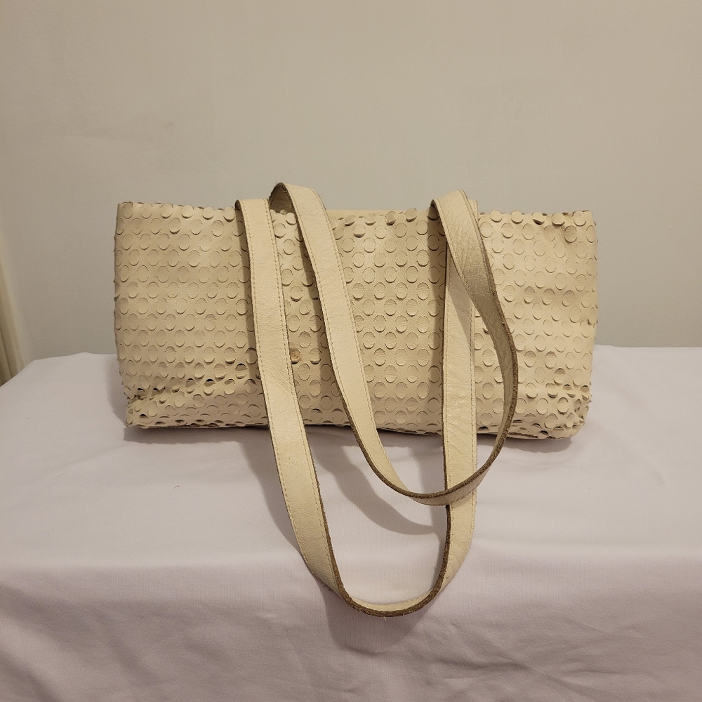 FALOR LE BORSE ITALY Cutout SCALLOP Leather Tote Satchel Purse Off WHITE Bag